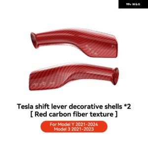 カーボン ステアリングホイール ウィフトプロテクションカバー テスラ モデル3 Y 2021-2023 ABSカーコラム シフト ノブカバー 装飾 - Carbon Fiber Red