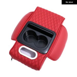 カーセンター コンソール 高さを上げる アームレスト クッション 多機能PUレザー アームレスト パッド カップ ホルダー ティッシュ ボックス 付き - red