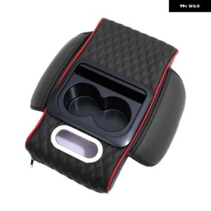 カーセンター コンソール 高さを上げる アームレスト クッション 多機能PUレザー アームレスト パッド カップ ホルダー ティッシュ ボックス 付き - Black Red