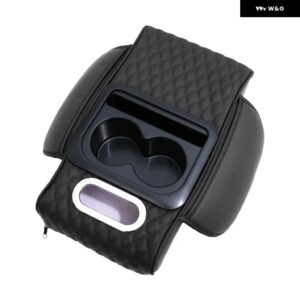 カーセンター コンソール 高さを上げる アームレスト クッション 多機能PUレザー アームレスト パッド カップ ホルダー ティッシュ ボックス 付き - black