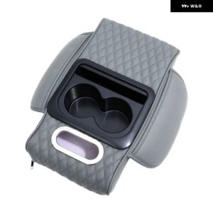 カーセンター コンソール 高さを上げる アームレスト クッション 多機能PUレザー アームレスト パッド カップ ホルダー ティッシュ ボックス 付き - Grey