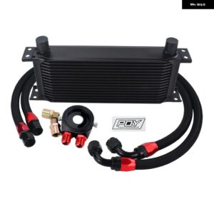 汎用 16列 オイルクーラー キット オイル フィルター サンドイッチ アダプター ステンレス 編組AN10ホース PQY ステッカー 付き - BLACK 16ROWS 6721BK