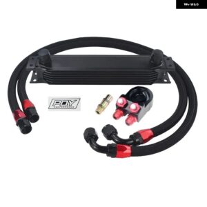 7列 オイルクーラー キット AN10 トランス ミッション オイルクーラー キット + オイル フィルター アダプター + ステンレス 編組ホース PQY ステッカー 付 - BLACK 7ROWS 6723BK