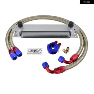 7列 オイルクーラー キット AN10 トランス ミッション オイルクーラー キット + オイル フィルター アダプター + ステンレス 編組ホース PQY ステッカー 付 - SILVER 7ROWS 6721BR