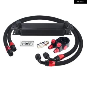 7列 オイルクーラー キット AN10 トランス ミッション オイルクーラー キット + オイル フィルター アダプター + ステンレス 編組ホース PQY ステッカー 付 - BLACK 7ROWS 6746BK