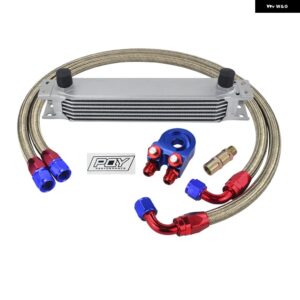 7列 オイルクーラー キット AN10 トランス ミッション オイルクーラー キット + オイル フィルター アダプター + ステンレス 編組ホース PQY ステッカー 付 - SILVER 7ROWS 6723BR