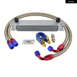 7列 オイルクーラー キット AN10 トランス ミッション オイルクーラー キット + オイル フィルター アダプター + ステンレス 編組ホース PQY ステッカー 付 - SILVER 7ROWS 6746BG