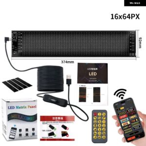 スクロール LEDライトカーサインUSB 5V BLUETOOTHアプリ 制御 ロゴライトプログラム可能なLED ディスプレイ 車リアウィンドウ - 16x64 LEDs 9x37 CM