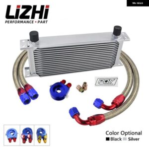 AN10 汎用 16列トランス ミッション オイルクーラー キット + オイル フィルター サンドイッチ アダプター + ステンレス 編組 AN10 燃料ホース