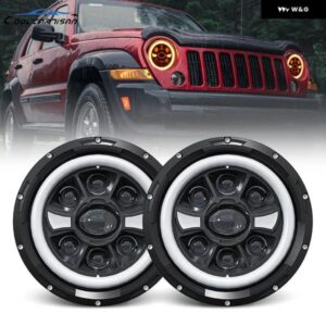 DRL 4X4 7インチ ラウンド ヘッドライト ハイ/ロービーム ウィンカー付き ジープ クリスタルレンズ 4X4 ライトハウス ハーレー ラングラー ジープ JK ヒンジ