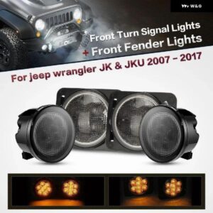 フロント LED ウィンカーランプ + フェンダーフレア サイド マーカーライト スモークレンズ ジープ ラングラー JK 2007-2017 2000K アンバー ライト