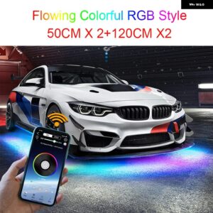 ネオンLED RGB 車用アンダーグローボトムライト リモート/アプリ コントロール フレキシブル 防水 LEDストリップ 車体アンダーライト 装飾 ランプ 12V - 50 x 120 CM