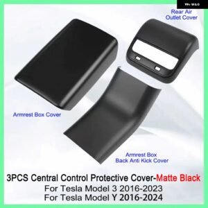 3PCS セントラ ル コントロール アームレスト ボックス プロテクター カバー TESLA モデル3 Yパーツ アームレスト ボックス バックアンチキックガードリアエ - ABS Matte black