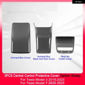 3PCS セントラ ル コントロール アームレスト ボックス プロテクター カバー TESLA モデル3 Yパーツ アームレスト ボックス バックアンチキックガードリアエ - ABS Carbon Glossy
