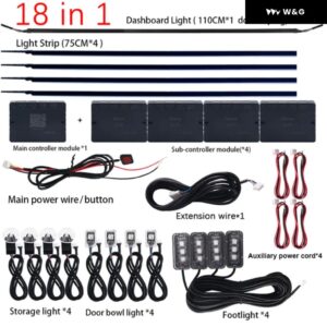 18/22IN1 車用 LED アンビエントライト RGB 64色 ネオンアプリ 汎用 インテリア アクリルストリップ オートデコレーションランプキット 12V デュアルゾーン - 18 In 1