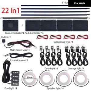 18/22IN1 車用 LED アンビエントライト RGB 64色 ネオンアプリ 汎用 インテリア アクリルストリップ オートデコレーションランプキット 12V デュアルゾーン - 22 in 1