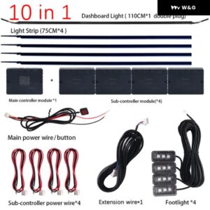 18/22IN1 車用 LED アンビエントライト RGB 64色 ネオンアプリ 汎用 インテリア アクリルストリップ オートデコレーションランプキット 12V デュアルゾーン - 10 In 1