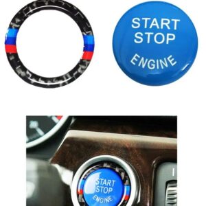 車 エンジン スタートスイッチ ボタン カバー BMW E60 E70 E71 E81 E82 E87 E90 E92 E93 E シャーシ ブルー+リング - Carbon fiber M Color