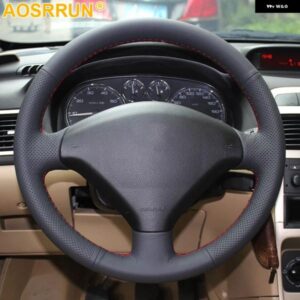 ブラックレザーハンドステッチカー ステアリングホイール カバー プジョー 307 2001-2008 307 SW 2005-2008