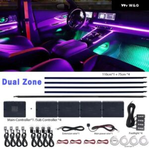 18/22IN1 車用 LED アンビエントライト RGB 64色 ネオンアプリ 汎用 インテリア アクリルストリップ オートデコレーションランプキット 12V デュアルゾーン