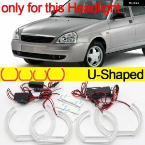 LADA PRIORA VAZ ВАЗ セダン ハッチバック 2007-2018 デイライト DRL エンジェルアイ LED CSL スタイル レモンイエロー ヘッドライト リングキット - U Shaped Halogen