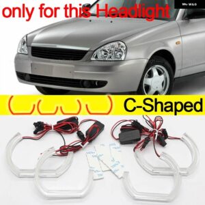 LADA PRIORA VAZ ВАЗ セダン ハッチバック 2007-2018 デイライト DRL エンジェルアイ LED CSL スタイル レモンイエロー ヘッドライト リングキット - C Shaped Halogen