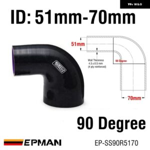 2インチ-2.75インチ 4プライシリコン 90度エルボ リデューサーホース ブラック 51-57/51-63/51-70/57-63MM VW EP-SS90R5763 - ID 51mm-70mm